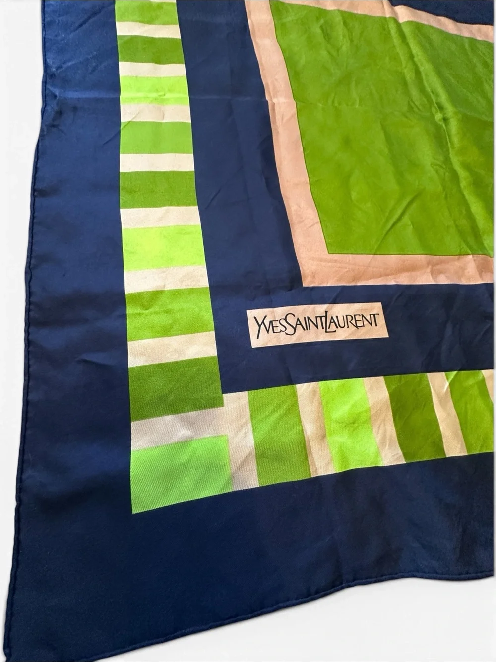 Yves Saint Laurent Lime, Navy & Pink Geometric Silk Scarf